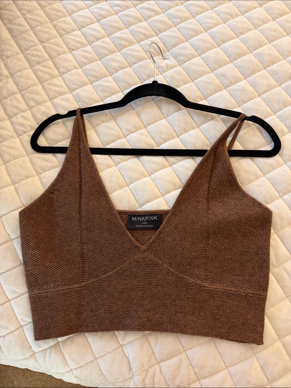 MINKPINK Brown Ribbed V-Neck Cropped Knit Camisole